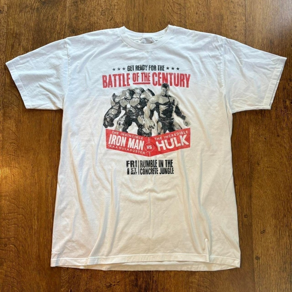 White Iron Man vs Incredible Hulk Rumble in the Concrete tee small flaw in pic